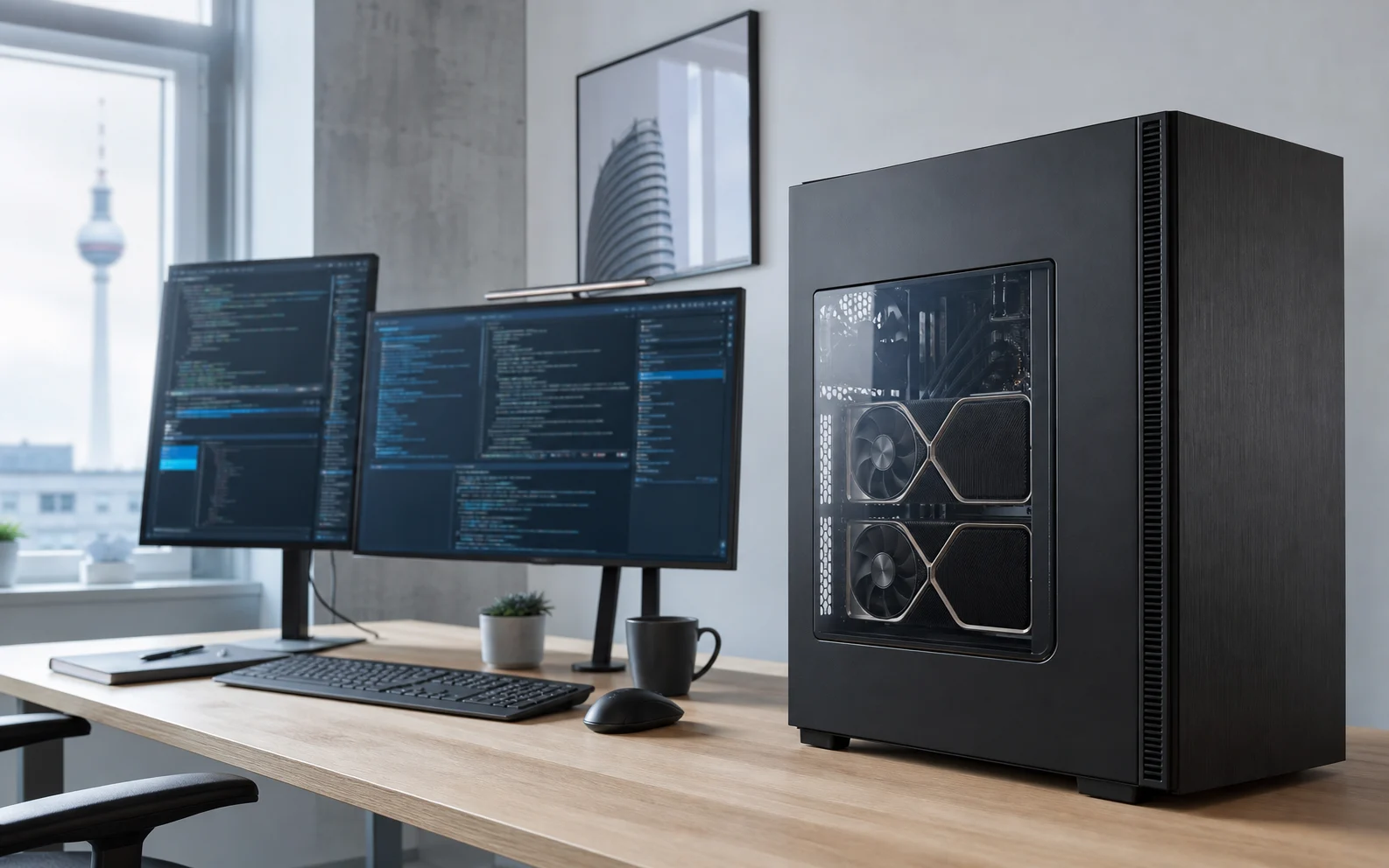 Fotorealistische Darstellung einer lokalen AI-Workstation mit zwei Grafikkarten
